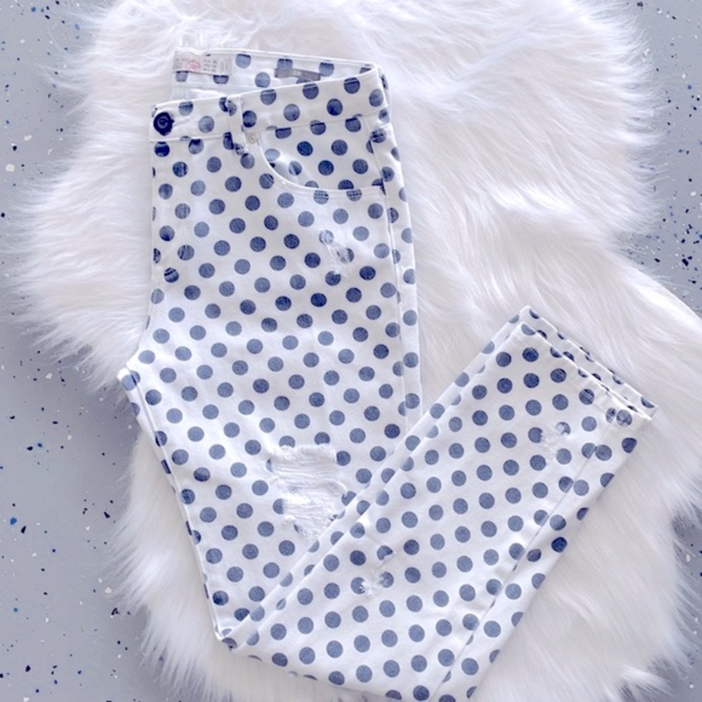 ZARA 👖 White Blue Polkadots Spotty Print Ripped